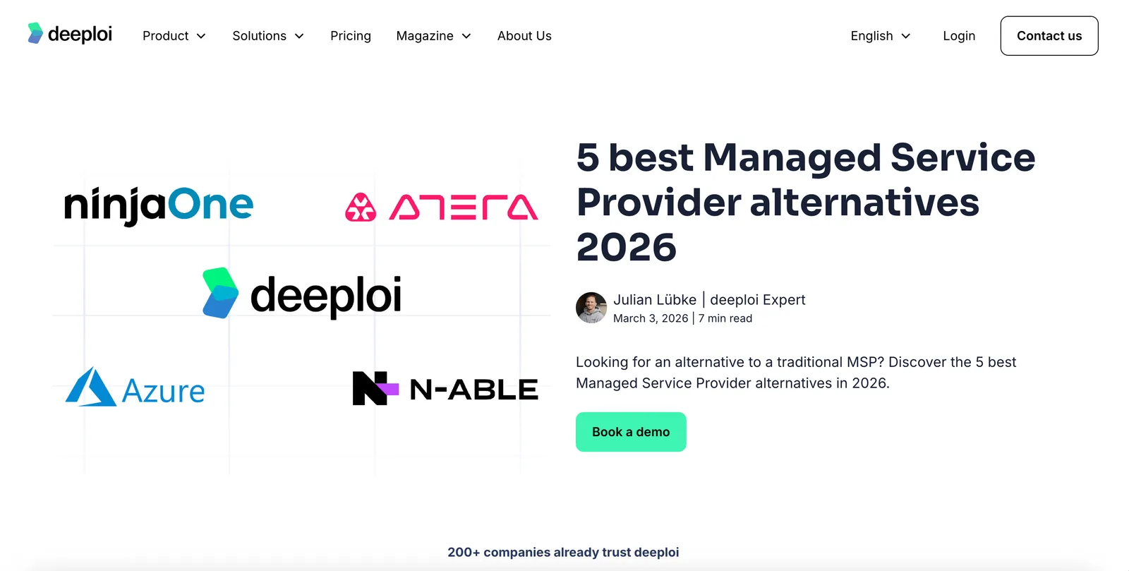 Example comparison article on deeploi.io, '5 best Managed Service Provider alternatives 2026'