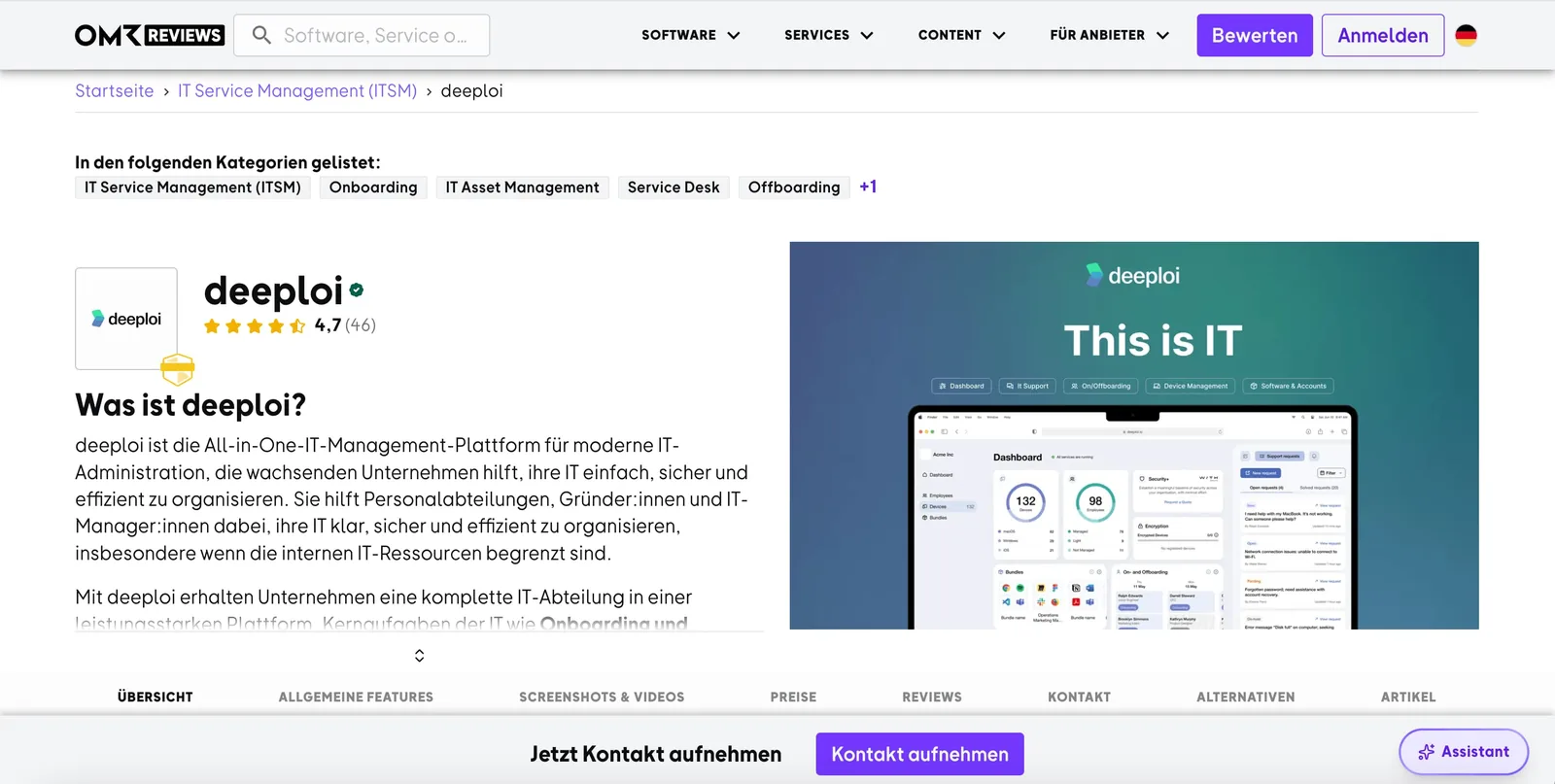 deeploi's OMR Reviews profile listed across IT Service Management, IT Asset Management, Offboarding, and Service Desk categories