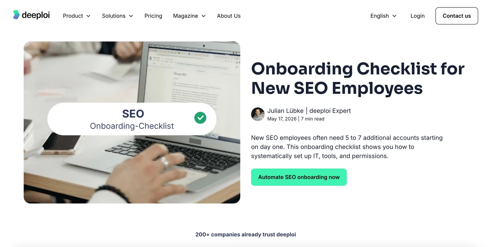 Example content piece from deeploi's programmatic cluster, an onboarding checklist article built at scale