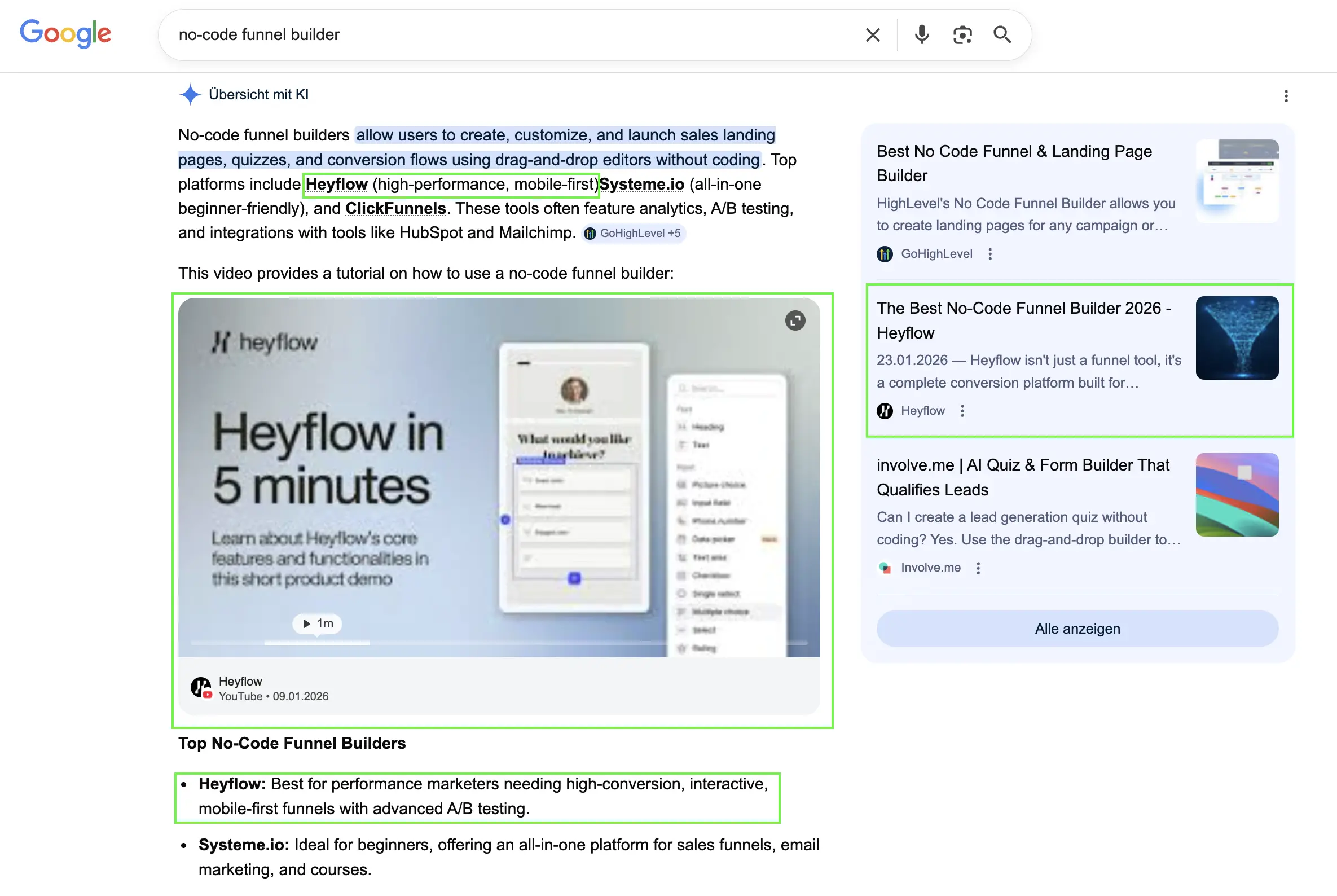 Google AI Overview embedding a Heyflow YouTube video natively in the answer panel