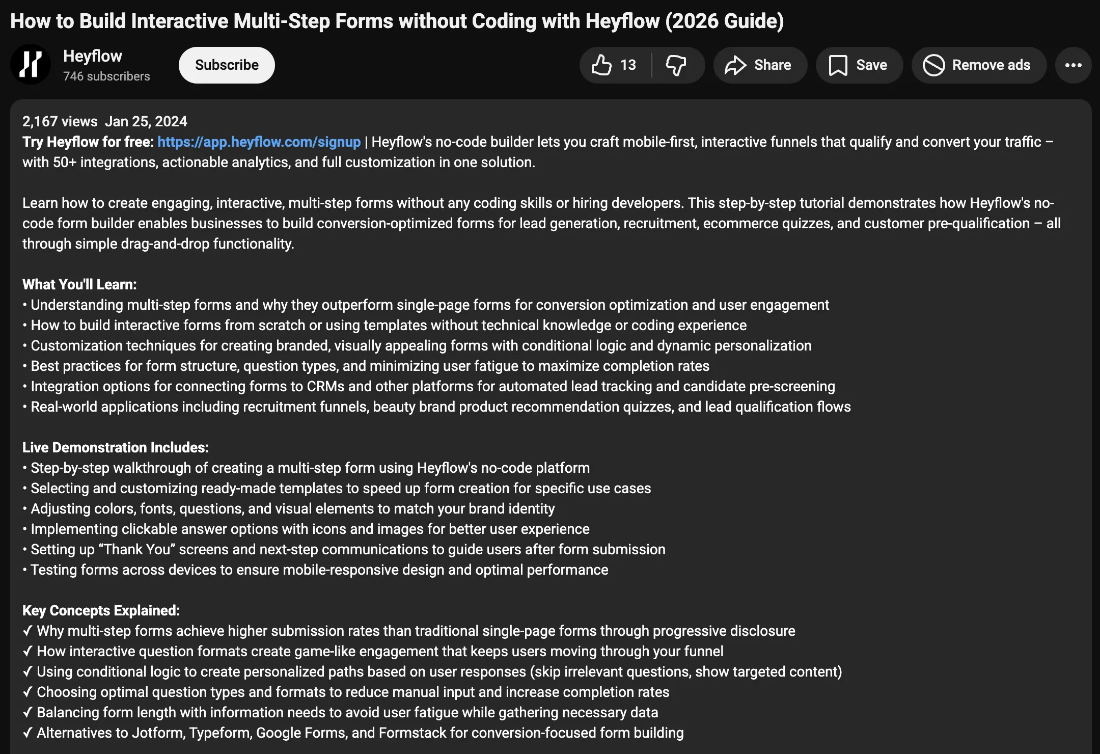 Example of a Heyflow YouTube video rewritten with an AI-Search-optimized title and a dense, structured meta description