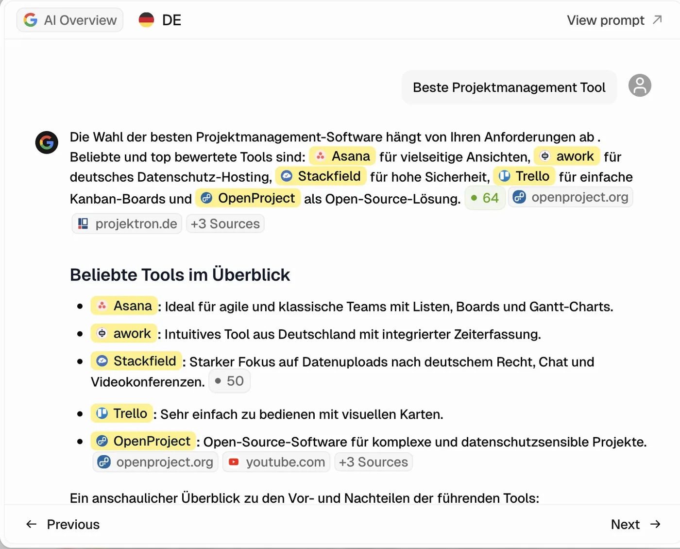 Google AI Overview answering 'Beste Projektmanagement Tool' by naming five different project management brands (Asana, awork, Stackfield, Trello, OpenProject) from the same set of shared sources.