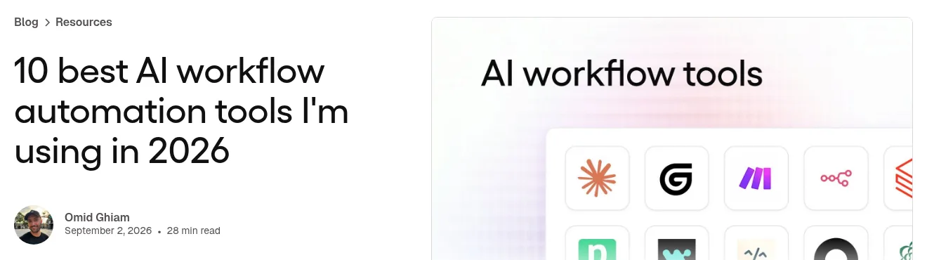 The top of Gumloop's blog post 10 best AI workflow automation tools I'm using in 2026, dated September 2, 2026.