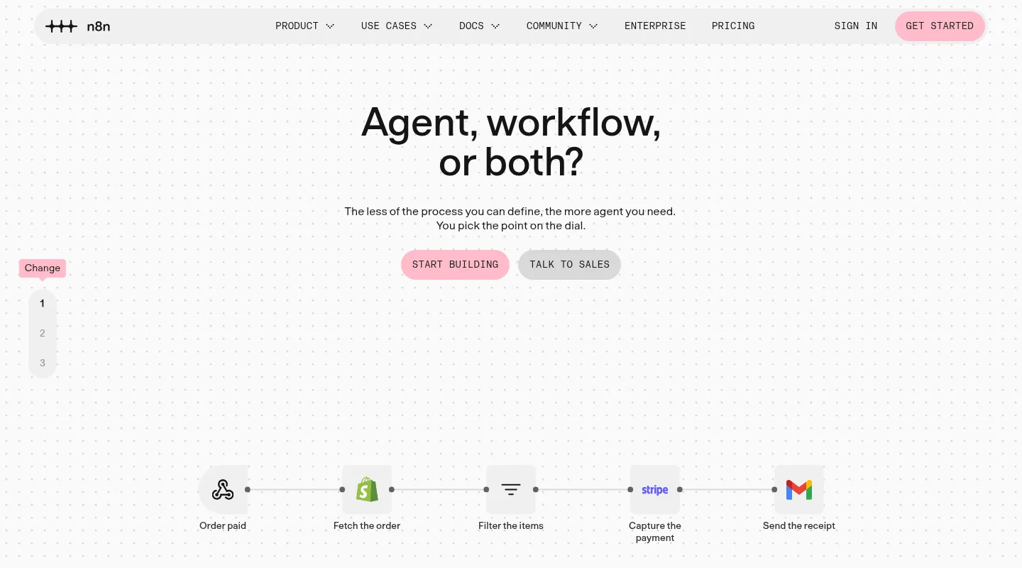 The top of n8n.io/ai-agents/: the headline Agent, workflow, or both?, two buttons, Start building and Talk to sales, and an example workflow from an order webhook through Shopify, a filter and Stripe to Gmail.