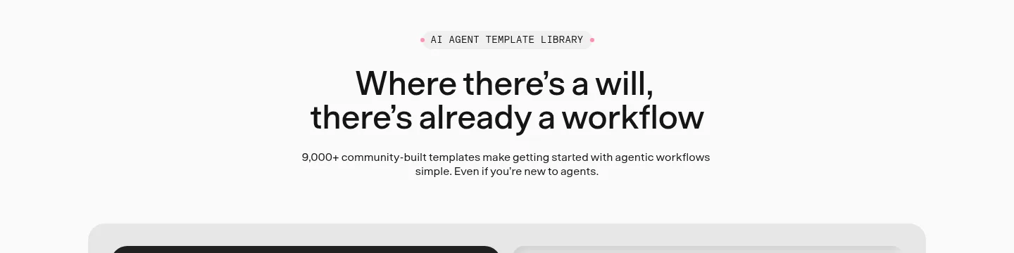 The template section of n8n.io/ai-agents/: the label AI agent template library, the headline Where there's a will, there's already a workflow, and the line 9,000+ community-built templates make getting started with agentic workflows simple.