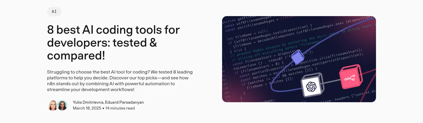 The top of n8n's blog post 8 best AI coding tools for developers: tested and compared, dated March 18, 2025, with a teaser saying it shows how n8n stands out by combining AI with automation.