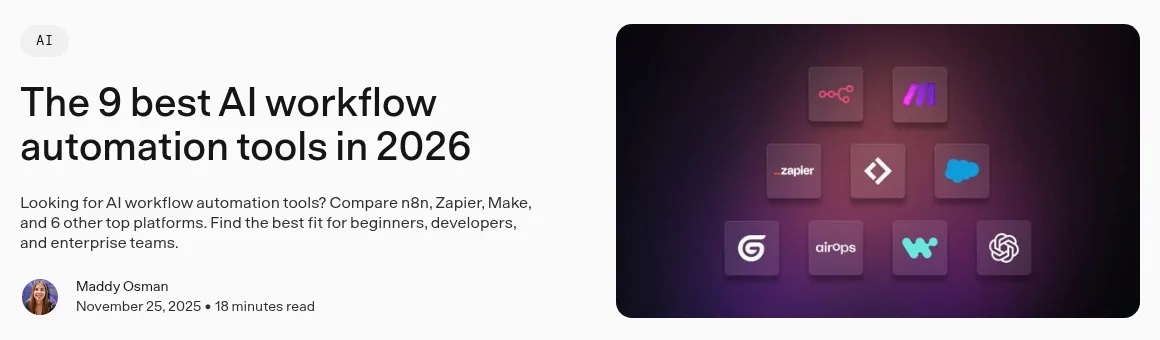 The top of n8n's blog post The 9 best AI workflow automation tools in 2026, dated November 25, 2025, with a teaser that compares n8n, Zapier, Make and six other platforms.