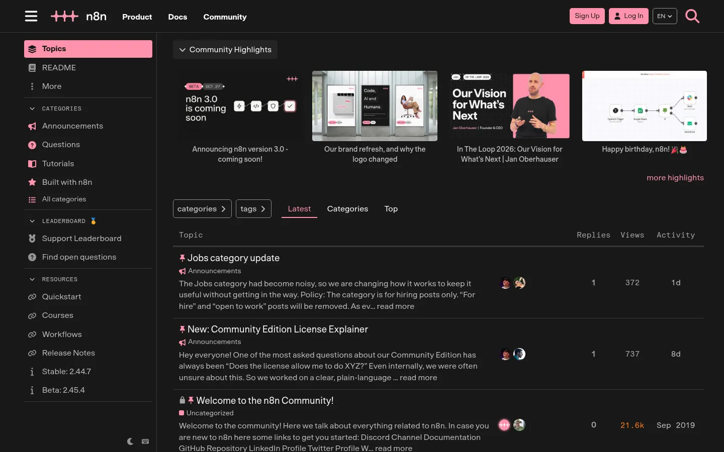 The n8n community forum homepage at community.n8n.io: categories Announcements, Questions, Tutorials and Built with n8n, community highlights, and a list of the latest topics with replies and views.
