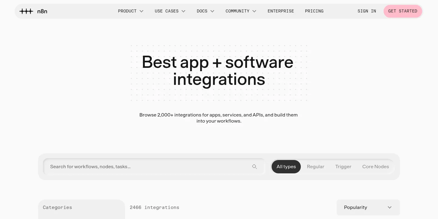 The n8n integrations directory: the headline Best app + software integrations, a search field, filters for all types, regular, trigger and core nodes, and the count 2466 integrations.