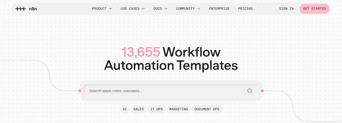 The n8n template library page with the headline 13,655 Workflow Automation Templates, a search field and the categories AI, Sales, IT Ops, Marketing and Document Ops.