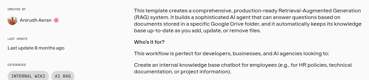 Part of n8n template 9007, Create a self-updating RAG chatbot with Google Drive, Gemini and Supabase: created by a verified community creator, categories Internal wiki and AI RAG, and a description of what the workflow does and who it is for.