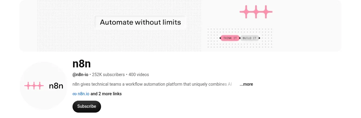 The n8n YouTube channel page: banner Automate without limits, handle @n8n-io, 252K subscribers, 400 videos.