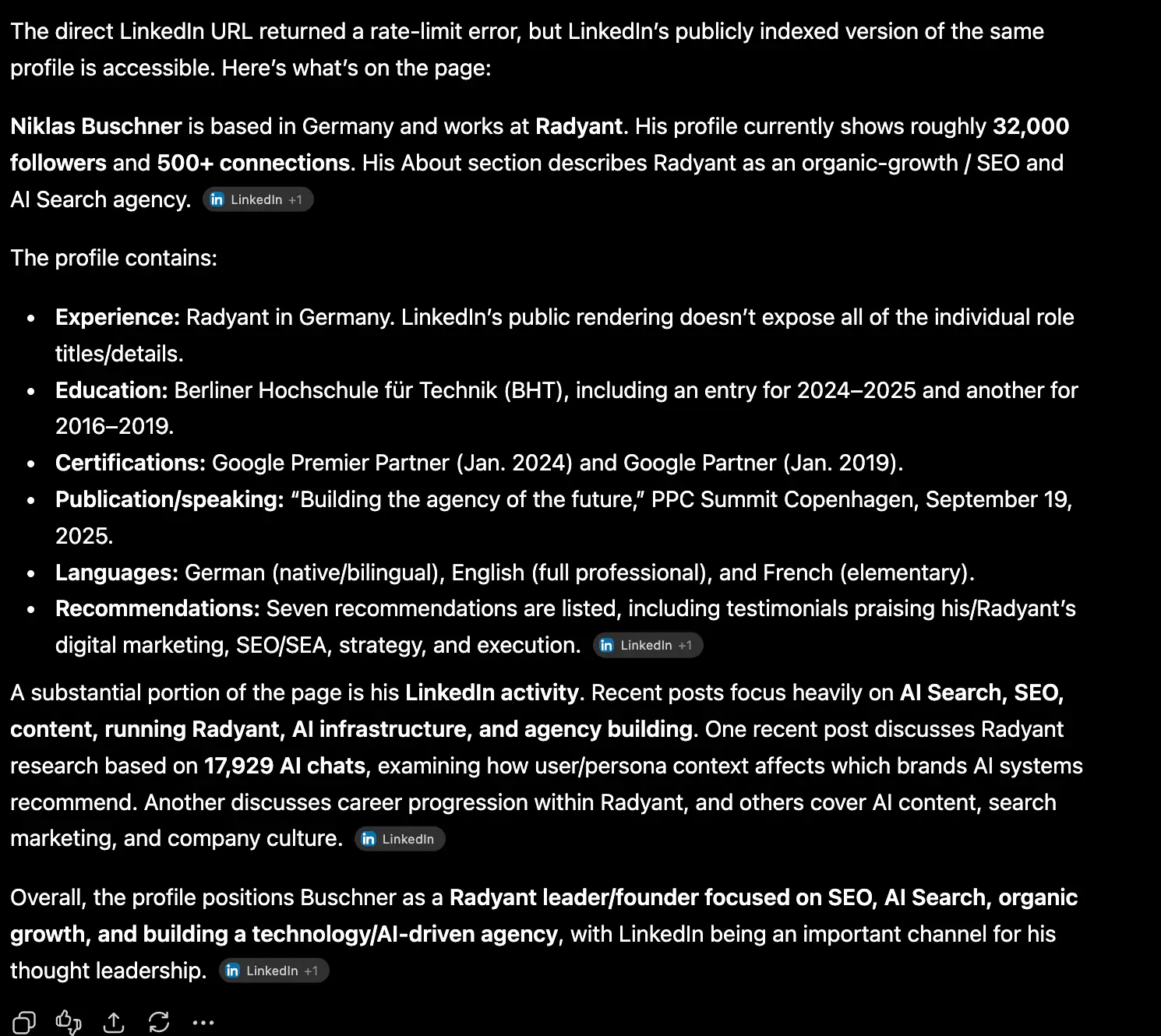 ChatGPT answer beginning: The direct LinkedIn URL returned a rate-limit error, but LinkedIn's publicly indexed version of the same profile is accessible. The rest of the answer summarises the profile from the indexed copy, with LinkedIn source chips.