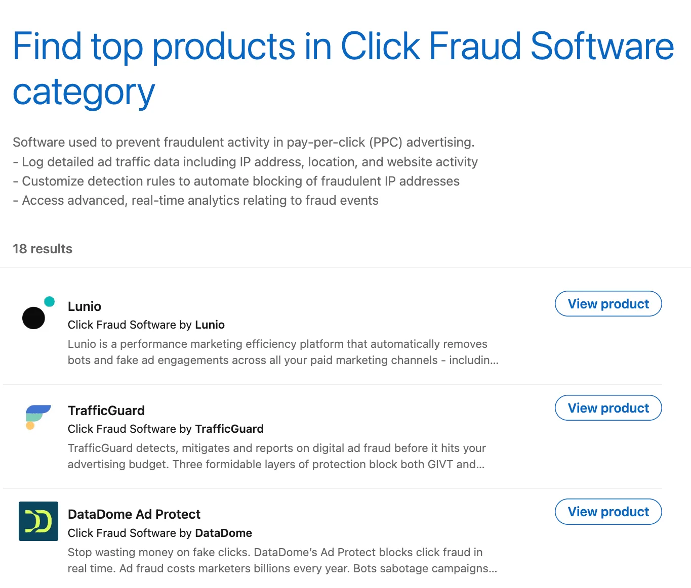 LinkedIn Products directory page titled Find top products in Click Fraud Software category, showing 18 results as product cards with View product buttons.