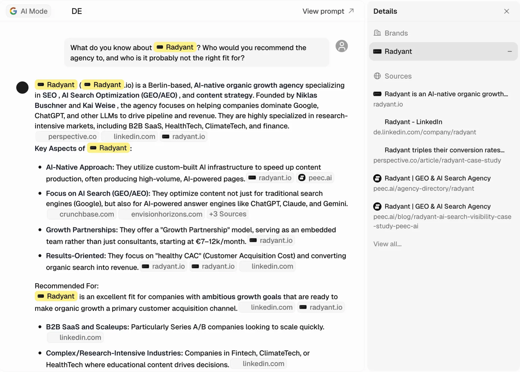 Peec AI chat view of a Google AI Mode answer to the question What do you know about Radyant. The answer describes the agency with repeated linkedin.com citations, and the sources panel lists the Radyant LinkedIn company profile directly after radyant.io.