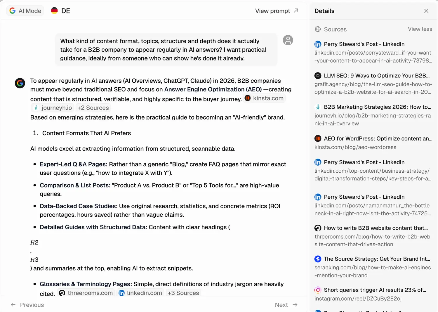 Peec AI chat view of a tracked Google AI Mode answer to a question about what content a B2B company needs to appear in AI answers. The sources panel lists 20 sources, with LinkedIn entries including posts by Perry Steward and Naman Mathur and a LinkedIn top-content page.