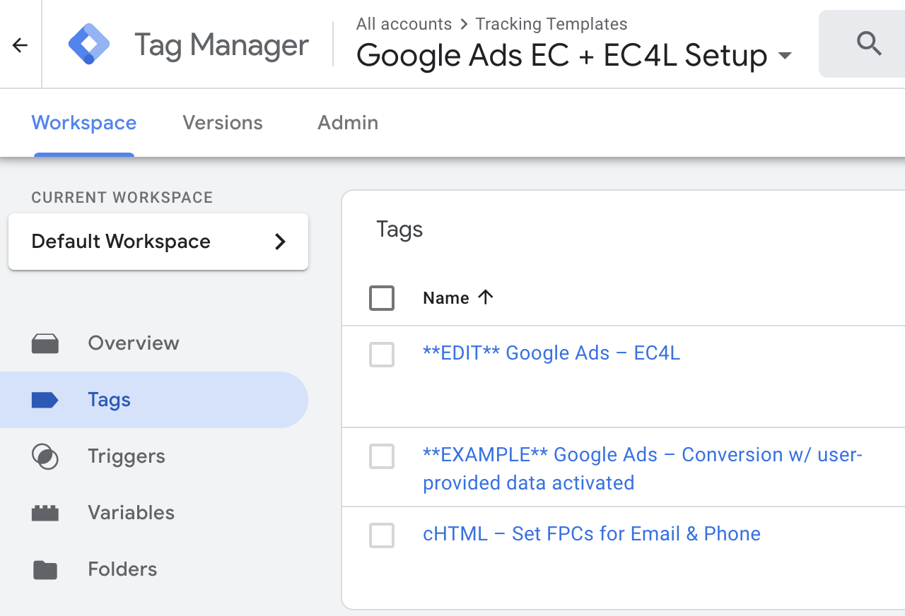 GTM container view of the Enhanced Conversions / EC4L template