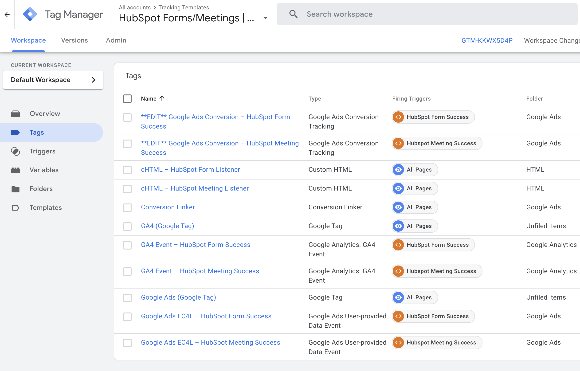 GTM container view of the HubSpot form and meetings tracking template