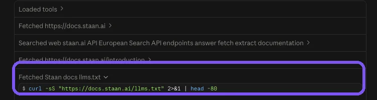 A Claude Code session in which the agent fetches a vendor's llms.txt file while researching that vendor's API.