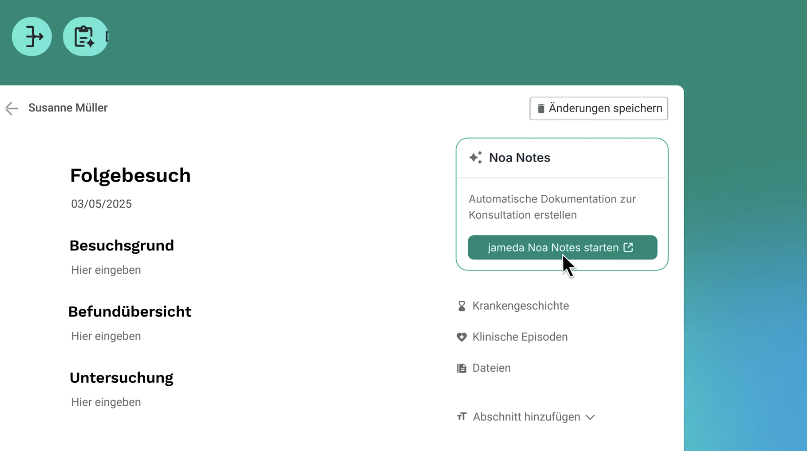 Noa Notes, jameda's AI documentation assistant, inside a doctor's patient record