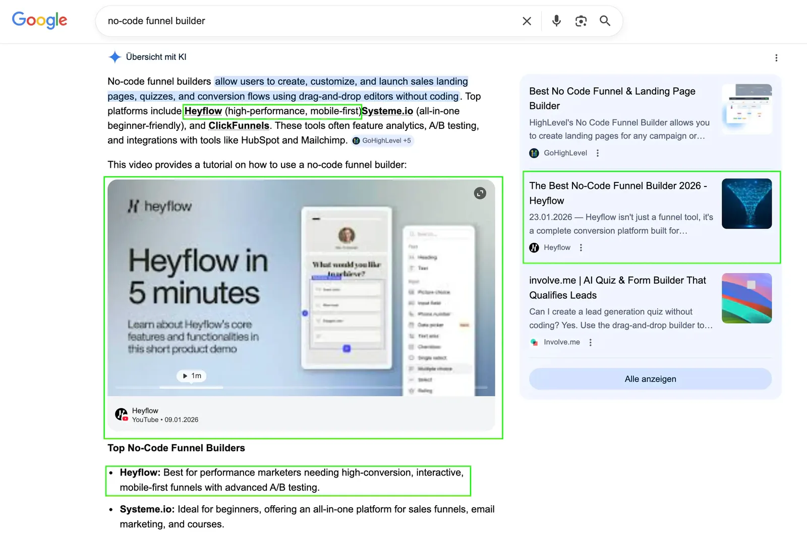 Google AI Overviews answering 'no-code funnel builder': the answer names Heyflow and embeds one of Heyflow's YouTube videos directly in the answer.